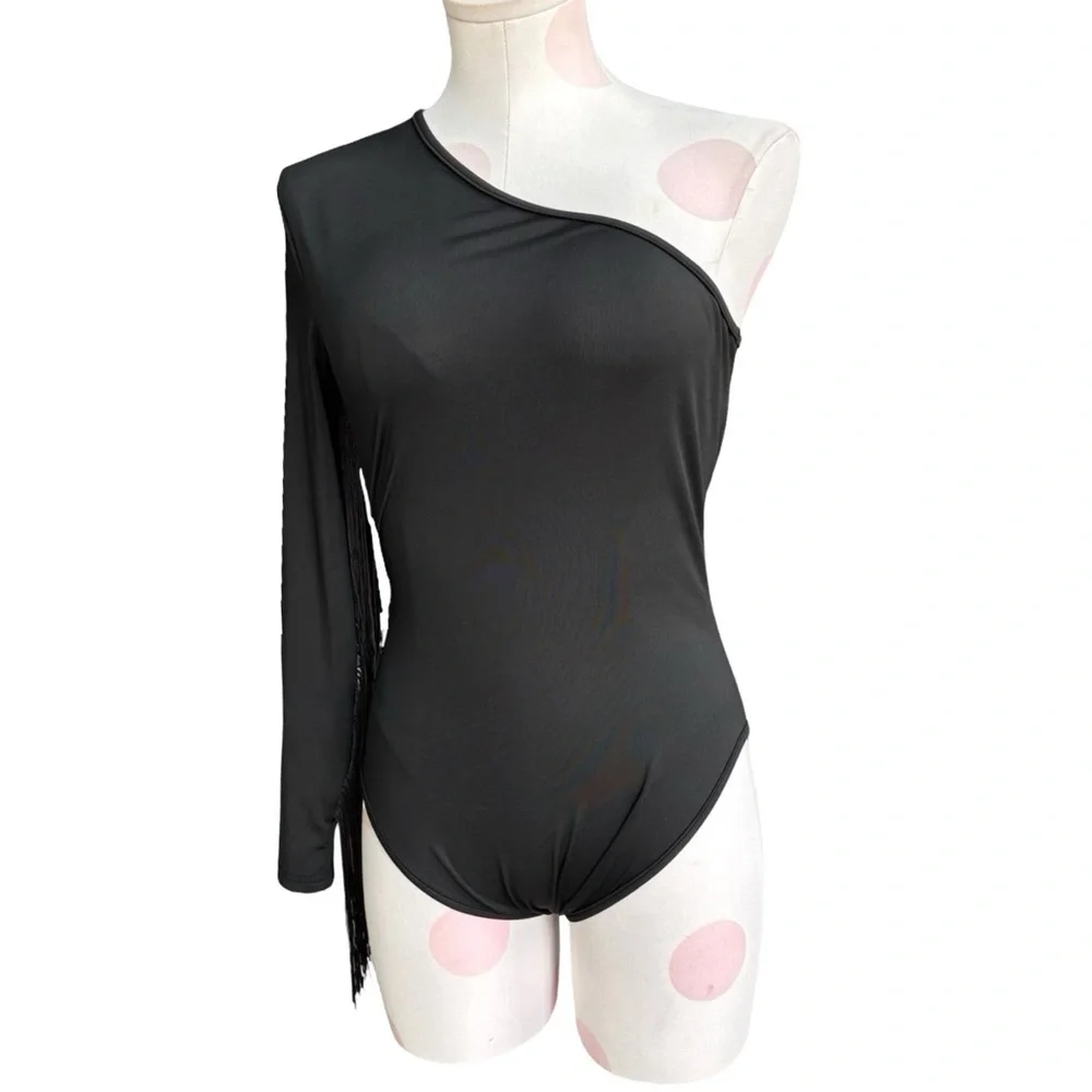 One-shoulder fringe bodysuit - black - small